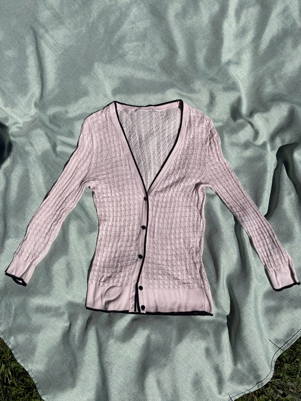 Cream Knit Button-Front Cardigan with Black Trim